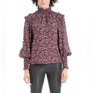 Max‎ Studio Smocked High Neck Ruffled Blouse Dark Plum Floral Print Size large
